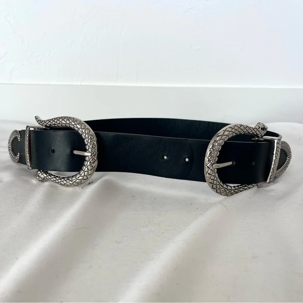 Fashion Nova Snake Reputation Black Silver Wide Faux Leather Double Buckle Belt